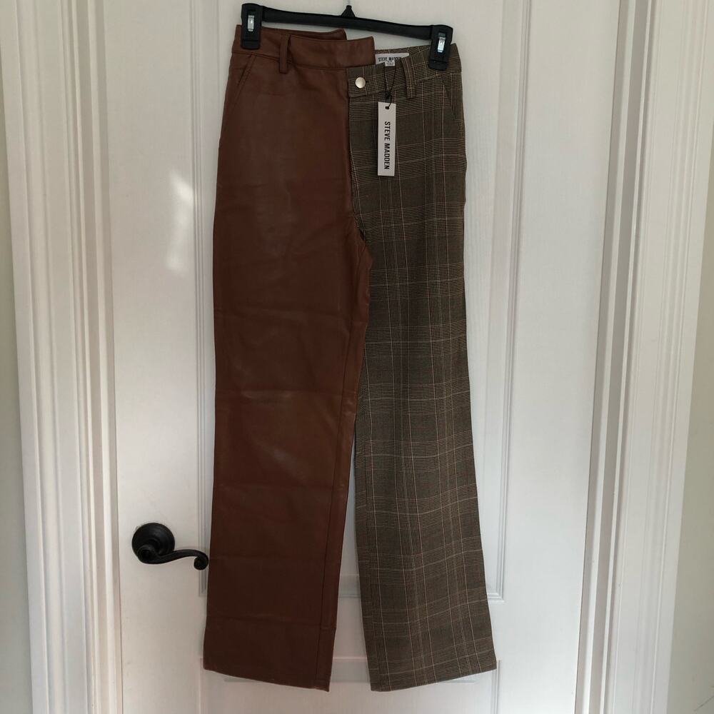 Steve Madden BM303285 Split Faux Leather Plaid Straight Leg Pants Brown Size 24